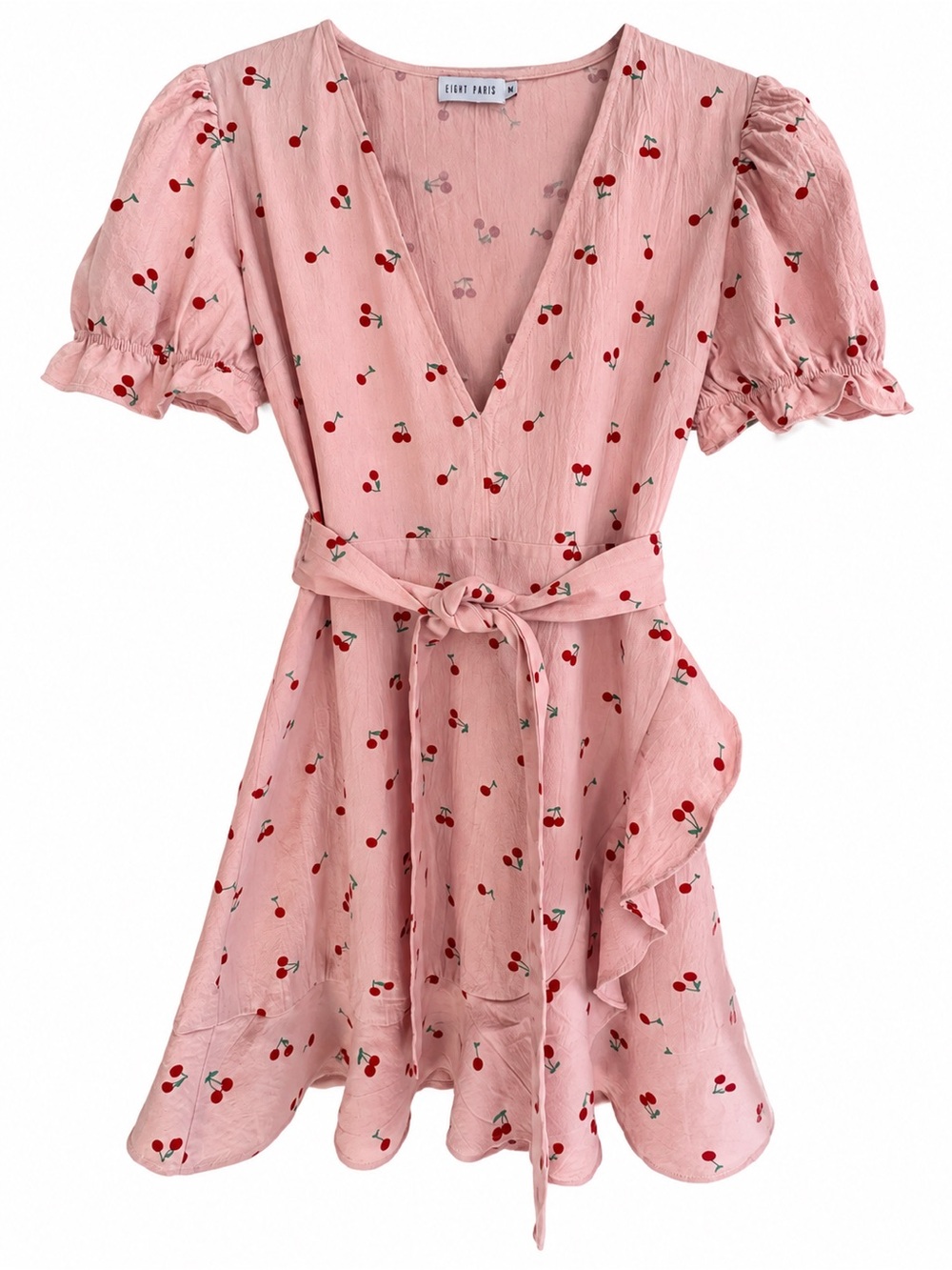 Cherry-Print Pink Wrap Mini Dress Women Size M Coquette Cottagecore